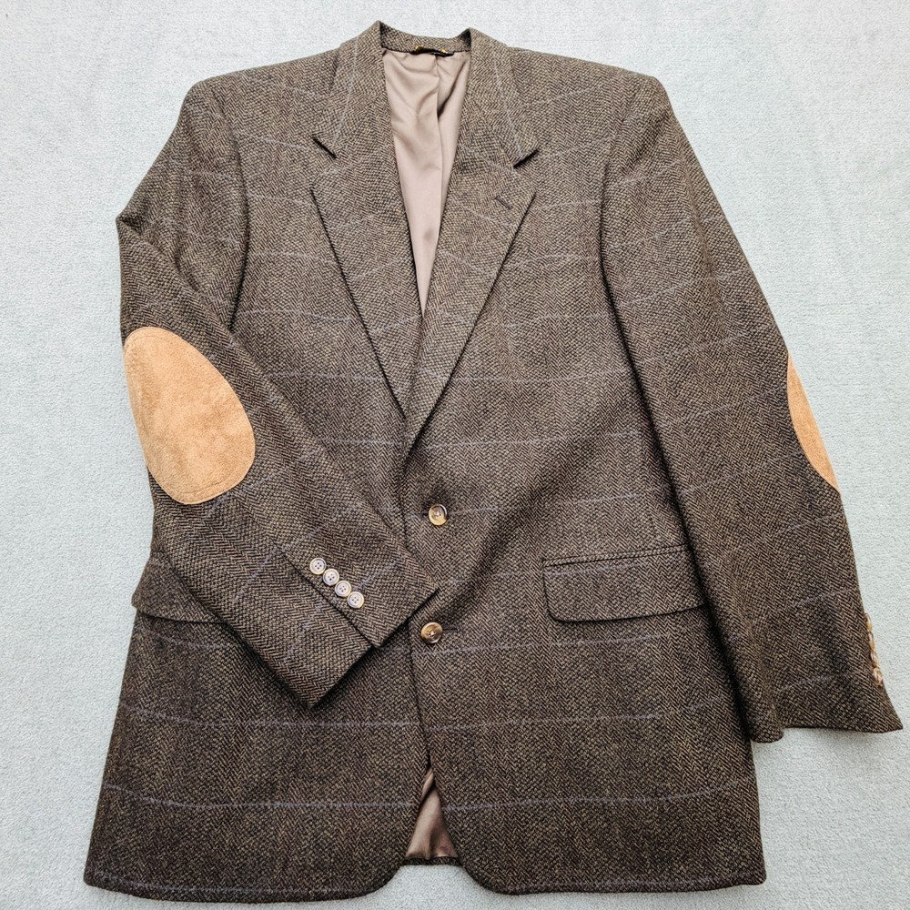Vtg Austin Reed Blazer Mens 40R Brown Wool Blue Windowpane Elbow Patch USA Made